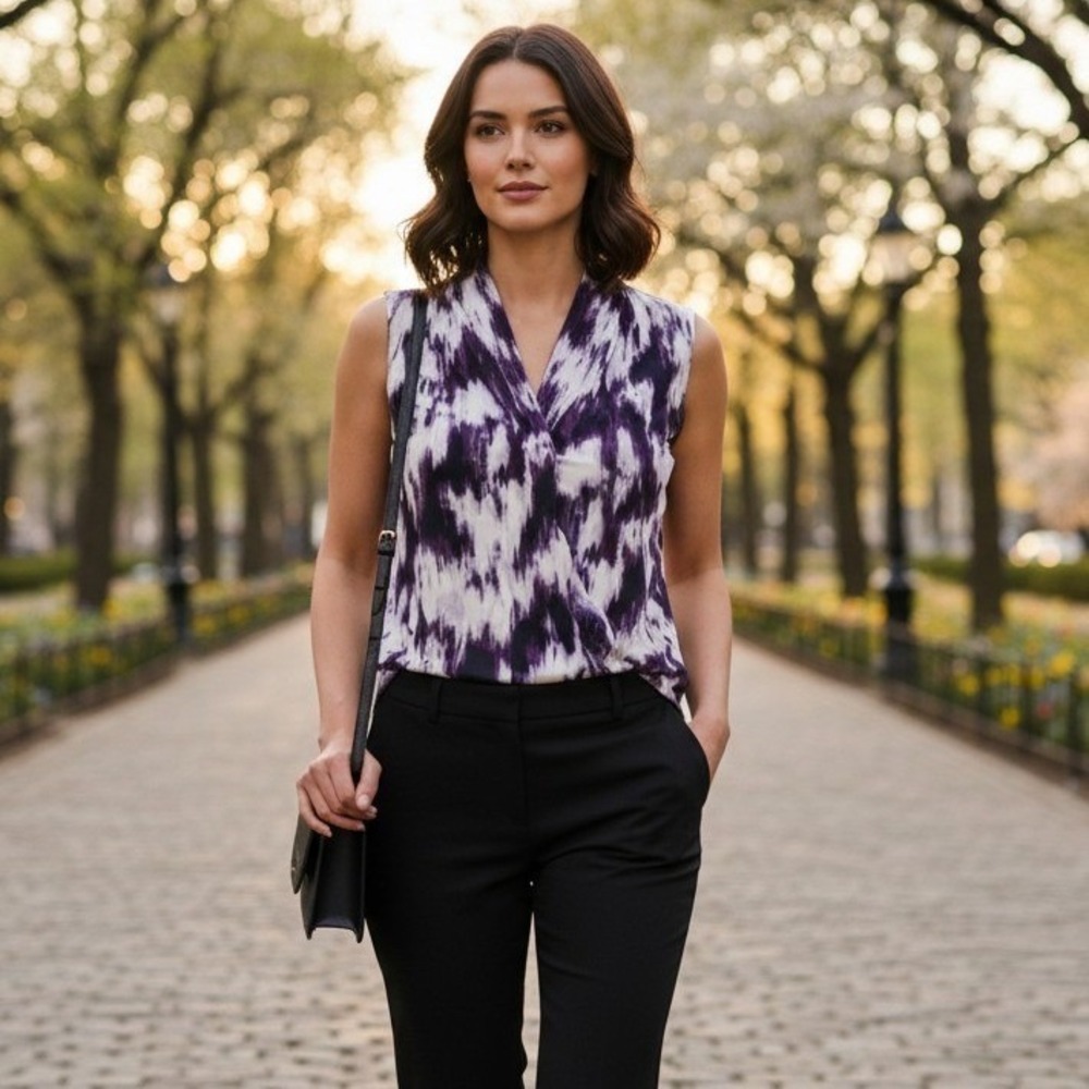 Calvin Klein Blouse Top Womens Medium Purple White Abstract Print V Neck Stretch